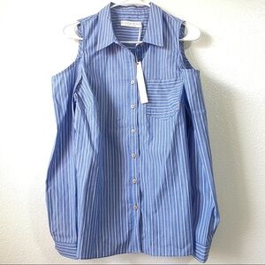 NWT Alice & Trixie Blue White Pinstriped Cold Open Shoulder Button Down Shirt L
